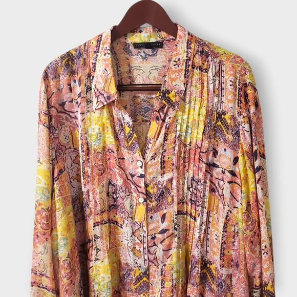 Jane + Delancey 3X Pink Abstract Pleated Button Up Shirt Artsy Lagen Colorful - Picture 2 of 12